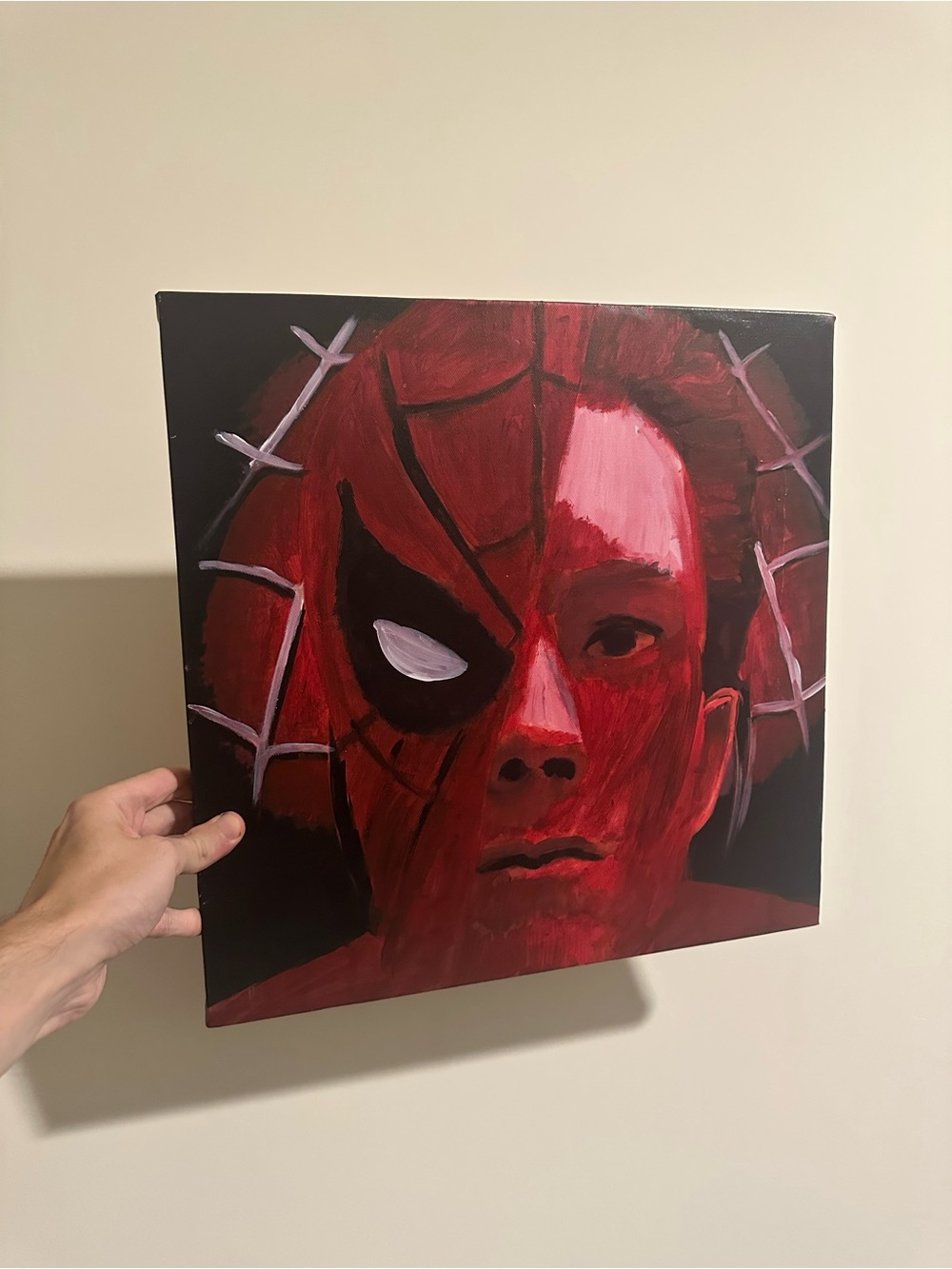 Tom Holland Hand-Painted Red Spiderman Portrait Wall art on canvas